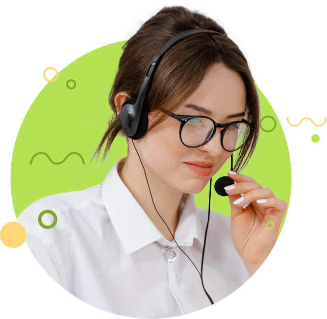 A woman holding the headset piece while taking a customer service call
